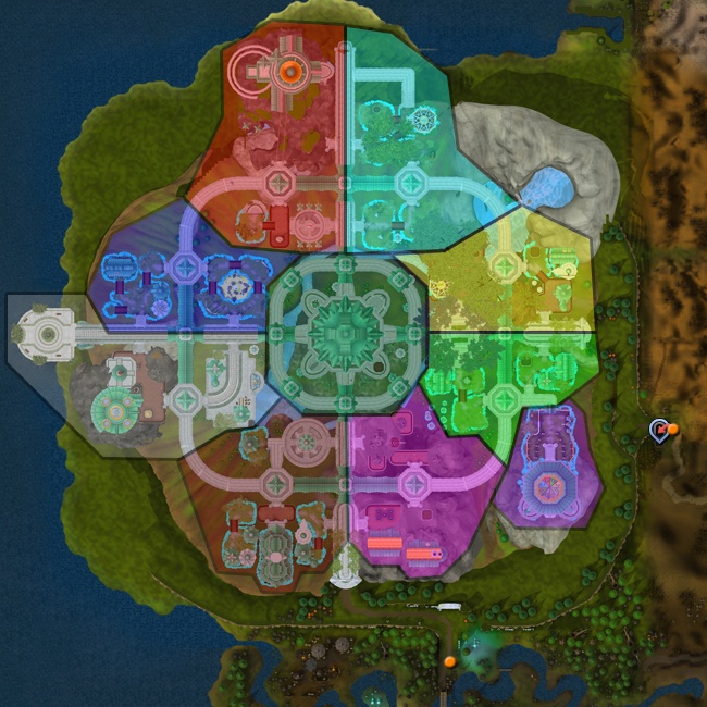 A map of Prifddinas highlighting the Tower of Voices, the Max Guild and the clan areas