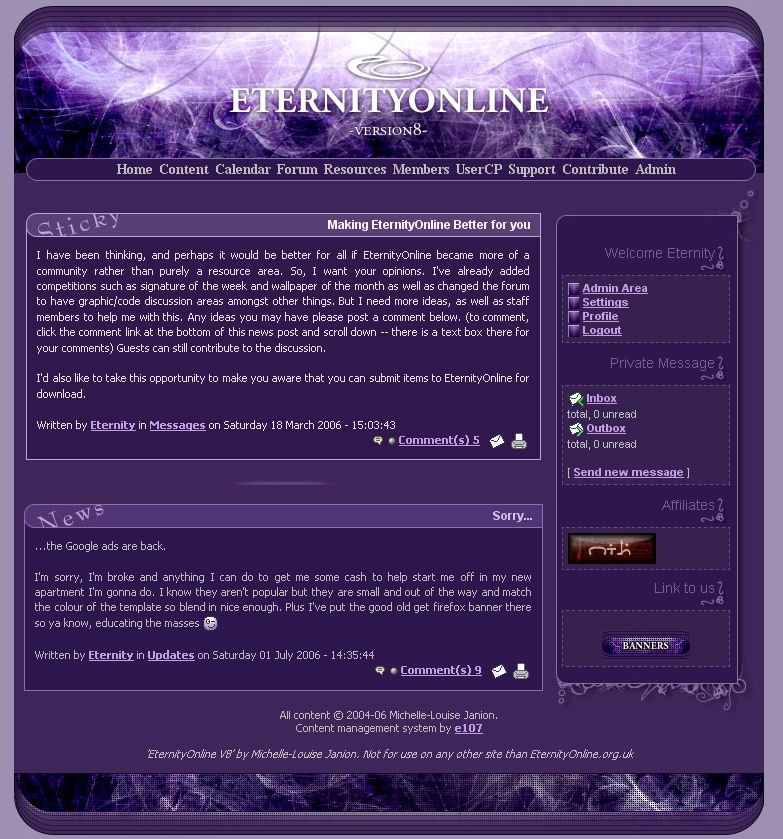 screenshot showing the eight version of the eternityonline website