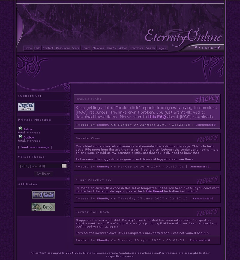 screenshot showing the ninth version of the eternityonline website