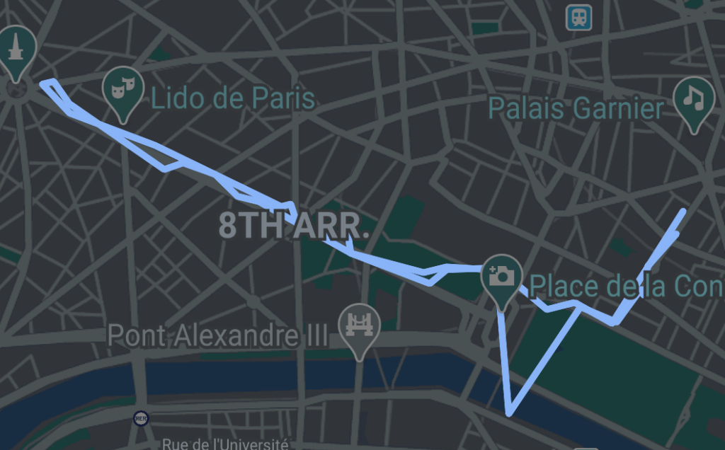 route map of a night time walk through paris