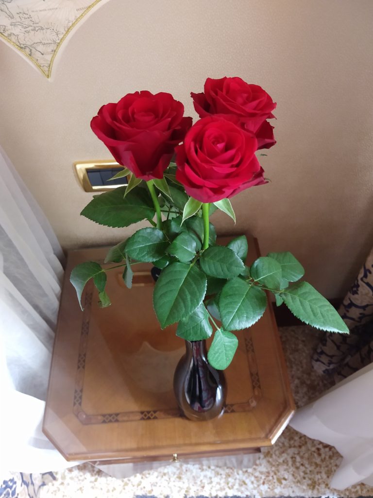 three red roses in a processco bottle