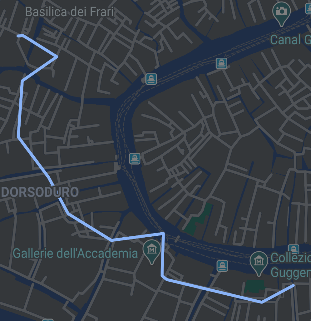 woute map of a walk to the basilica di santa maria della salute