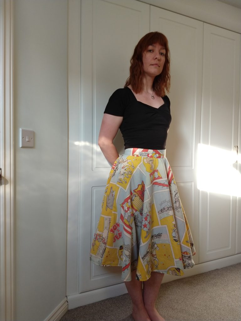 full front view of michelle modelling the tom & jerry skirt