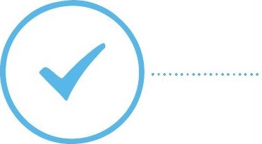 a blue icon of a tick within an outlined circle with a dotted line emerging on the right hand side on a white background