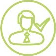 a green icon of an outlined man wearing a tie next to an outlined tick within an outlined circle on a white background