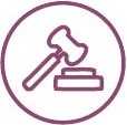 a purple gavel and block icon within an outlined circle on a white background