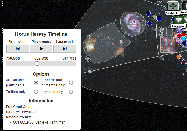 screenshot of the timeline feature on the horus heresy interactive map project