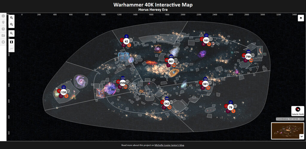 screenshot of an interactive map set in the warhammer 40,000 universe that shows a timeline of events during and leading to the horus heresy
